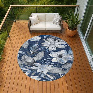 HomeRoots 8' Navy Blue Floral Indoor Outdoor Area Rug - Washable, Durable, Stylish Accent for High-Traffic Spaces 640848