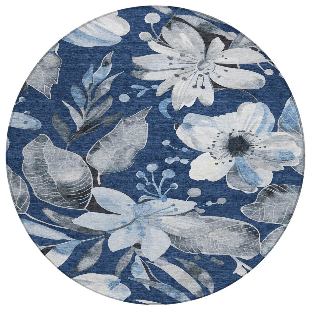 HomeRoots 8' Navy Blue Floral Indoor Outdoor Area Rug - Washable, Durable, Stylish Accent for High-Traffic Spaces 640848