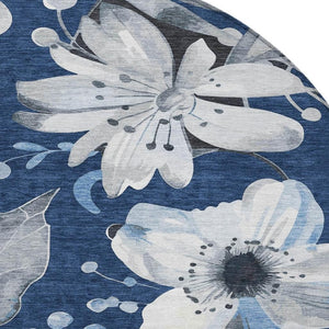 HomeRoots 8' Navy Blue Floral Indoor Outdoor Area Rug - Washable, Durable, Stylish Accent for High-Traffic Spaces 640848