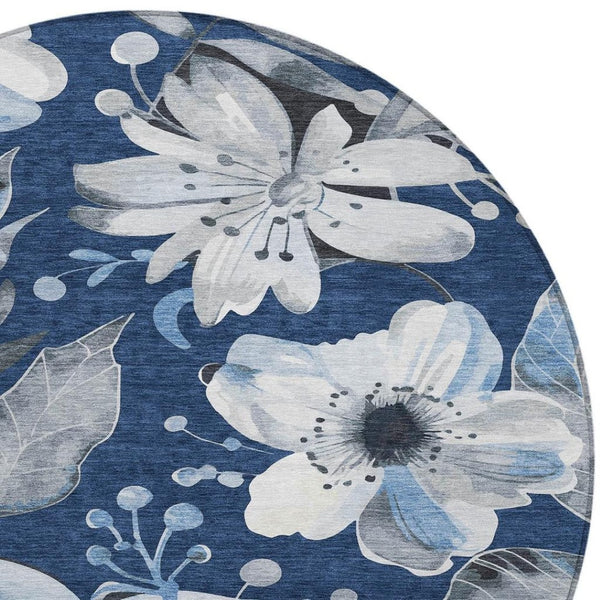HomeRoots 8' Navy Blue Floral Indoor Outdoor Area Rug - Washable, Durable, Stylish Accent for High-Traffic Spaces 640848