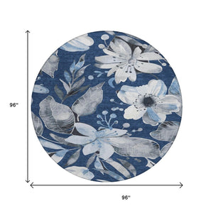 HomeRoots 8' Navy Blue Floral Indoor Outdoor Area Rug - Washable, Durable, Stylish Accent for High-Traffic Spaces 640848