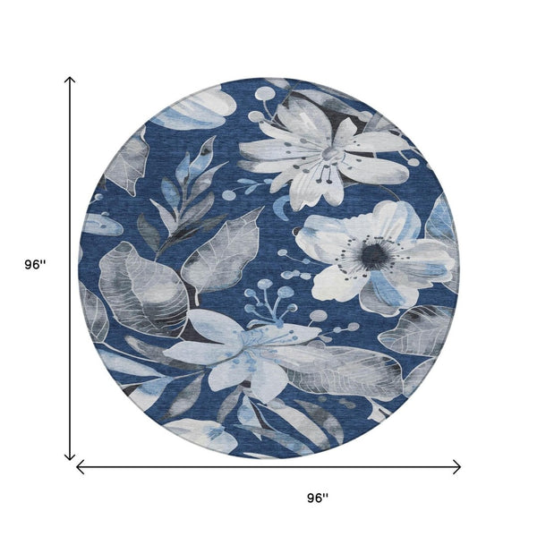 HomeRoots 8' Navy Blue Floral Indoor Outdoor Area Rug - Washable, Durable, Stylish Accent for High-Traffic Spaces 640848