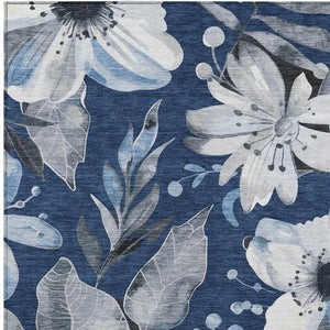 HomeRoots 8' X 10' Floral Washable Indoor/Outdoor Area Rug - Navy Blue, Ivory & Charcoal - Durable, Stylish, Versatile! 640849