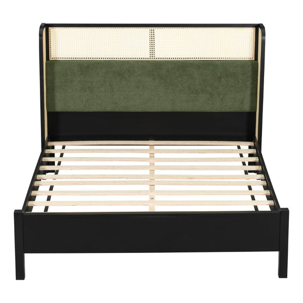 English Elm Queen Platform Bed Solid Wood Frame Velvet Headboard Modern Minimalist Bedroom N770PQ375070B