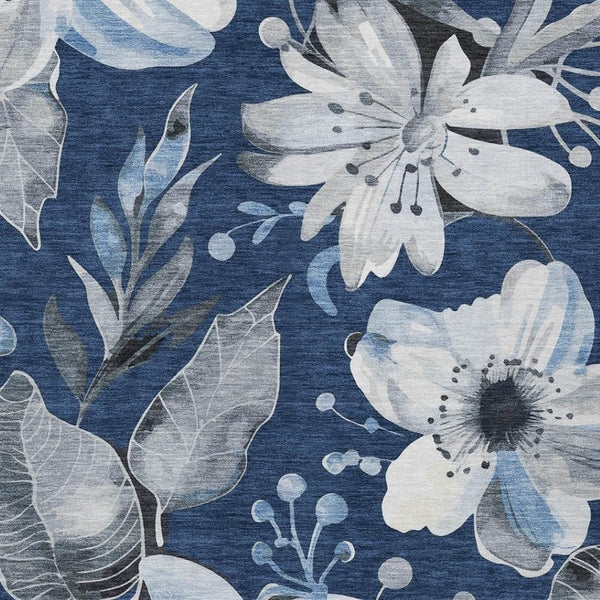 HomeRoots 10' X 14' Elegant Washable Navy Blue Floral Area Rug – Indoor/Outdoor, Durable, Easy-Care Design! 640851