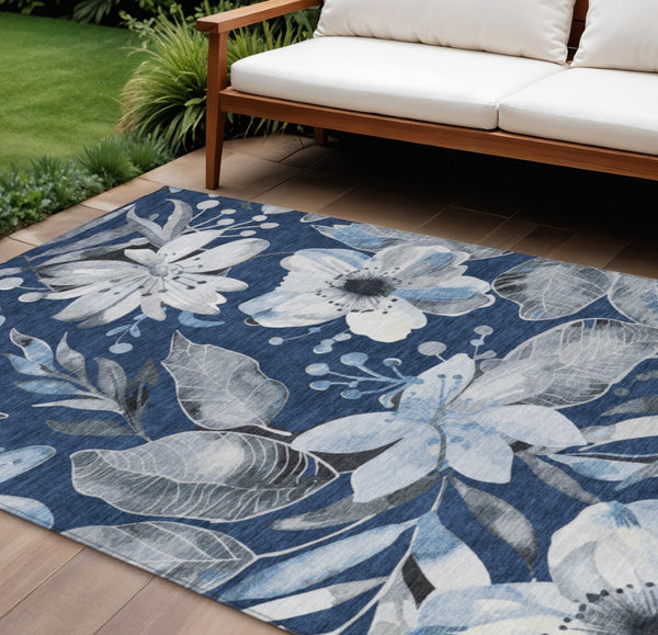 HomeRoots 10' X 14' Elegant Washable Navy Blue Floral Area Rug – Indoor/Outdoor, Durable, Easy-Care Design! 640851