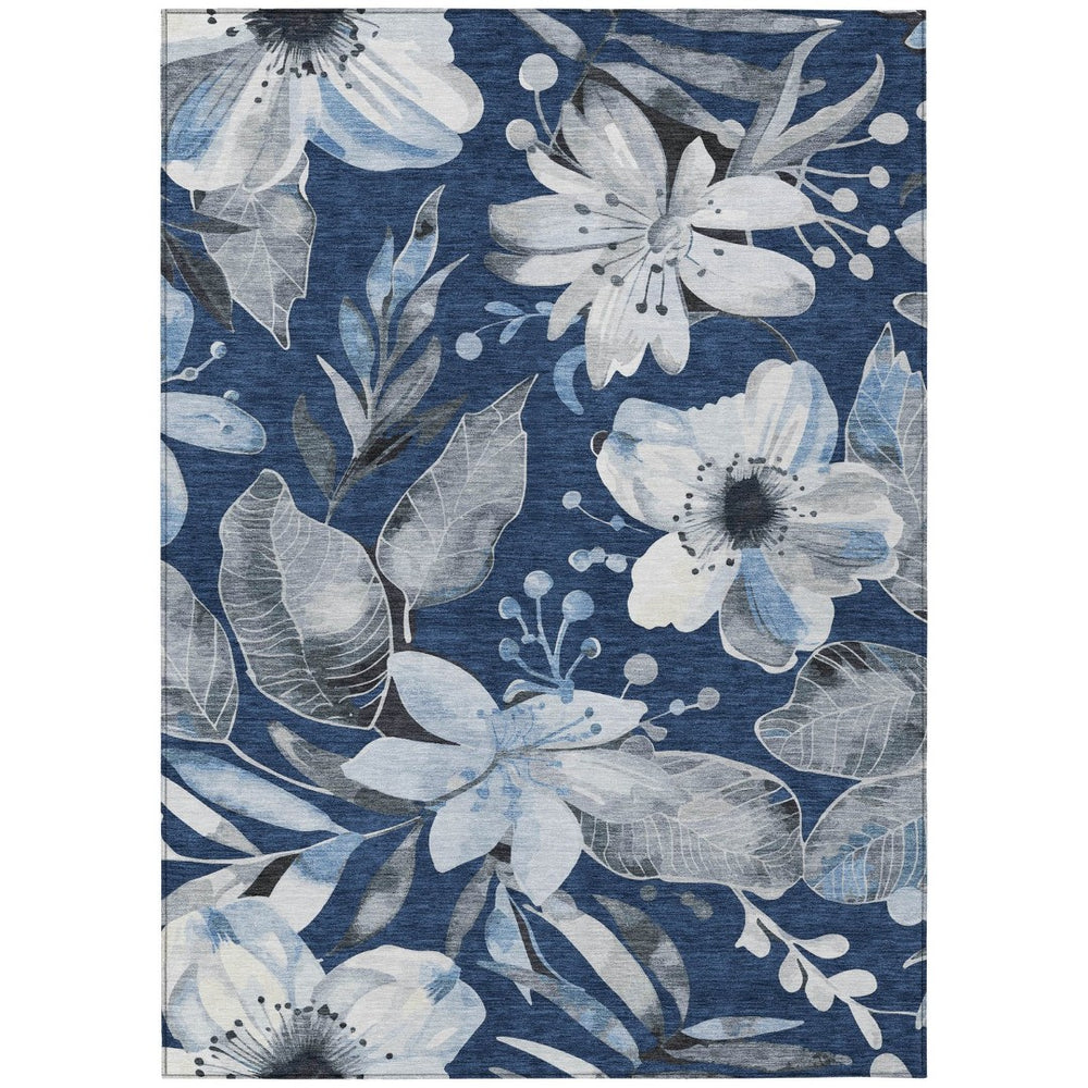 HomeRoots 10' X 14' Elegant Washable Navy Blue Floral Area Rug – Indoor/Outdoor, Durable, Easy-Care Design! 640851