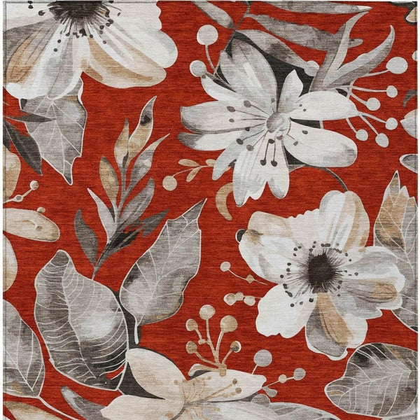 HomeRoots 5' Stylish Red, Ivory & Charcoal Floral Washable Area Rug for Indoor/Outdoor Use - Durable & Chic! 640853