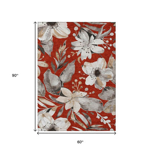 HomeRoots 5' Stylish Red, Ivory & Charcoal Floral Washable Area Rug for Indoor/Outdoor Use - Durable & Chic! 640853