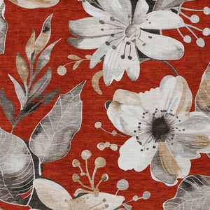 HomeRoots 5' Stylish Red, Ivory & Charcoal Floral Washable Area Rug for Indoor/Outdoor Use - Durable & Chic! 640853