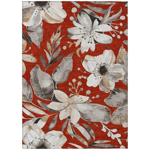 HomeRoots 5' Stylish Red, Ivory & Charcoal Floral Washable Area Rug for Indoor/Outdoor Use - Durable & Chic! 640853