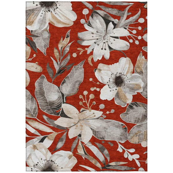 HomeRoots 5' Stylish Red, Ivory & Charcoal Floral Washable Area Rug for Indoor/Outdoor Use - Durable & Chic! 640853