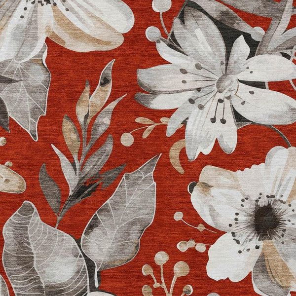 HomeRoots 5' Stylish Red, Ivory & Charcoal Floral Washable Area Rug for Indoor/Outdoor Use - Durable & Chic! 640853