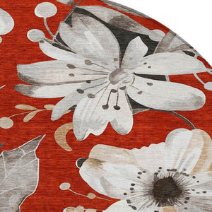 HomeRoots 8' Red Floral Round Area Rug - Elegant Washable Design for Indoor & Outdoor Use, Durable & Stylish 640854