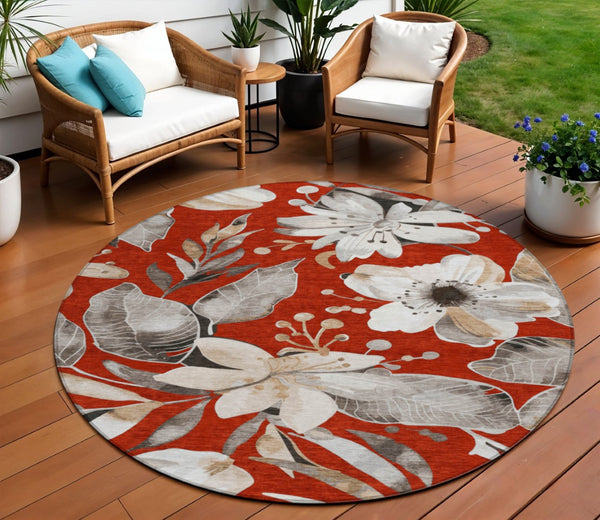 HomeRoots 8' Red Floral Round Area Rug - Elegant Washable Design for Indoor & Outdoor Use, Durable & Stylish 640854