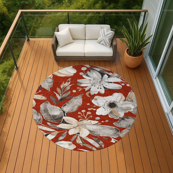 HomeRoots 8' Red Floral Round Area Rug - Elegant Washable Design for Indoor & Outdoor Use, Durable & Stylish 640854
