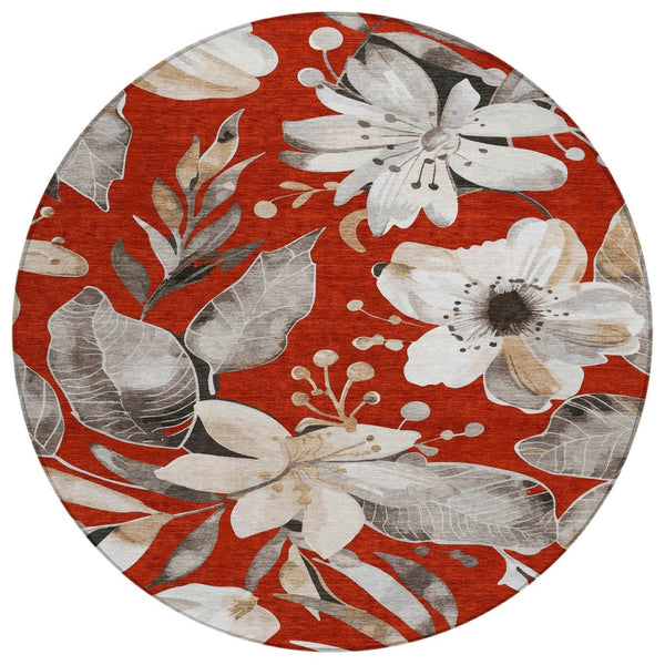 HomeRoots 8' Red Floral Round Area Rug - Elegant Washable Design for Indoor & Outdoor Use, Durable & Stylish 640854