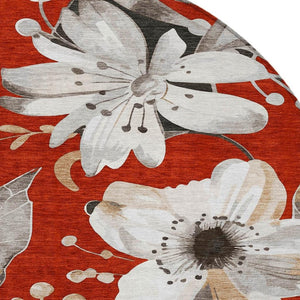 HomeRoots 8' Red Floral Round Area Rug - Elegant Washable Design for Indoor & Outdoor Use, Durable & Stylish 640854