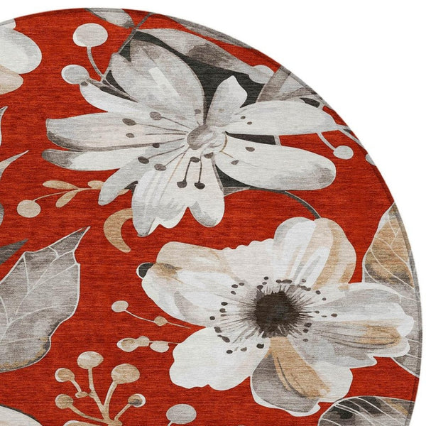 HomeRoots 8' Red Floral Round Area Rug - Elegant Washable Design for Indoor & Outdoor Use, Durable & Stylish 640854