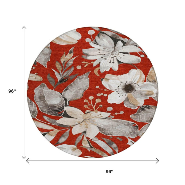 HomeRoots 8' Red Floral Round Area Rug - Elegant Washable Design for Indoor & Outdoor Use, Durable & Stylish 640854