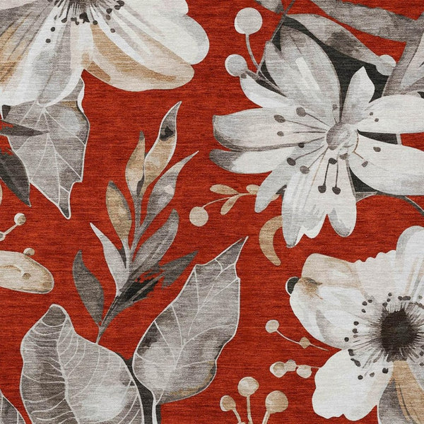 HomeRoots 8' X 10' Floral Area Rug in Red, Ivory & Charcoal - Washable, Durable for Indoor & Outdoor Spaces 640855