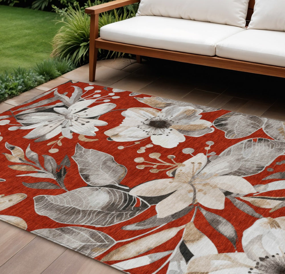 HomeRoots 8' X 10' Floral Area Rug in Red, Ivory & Charcoal - Washable, Durable for Indoor & Outdoor Spaces 640855