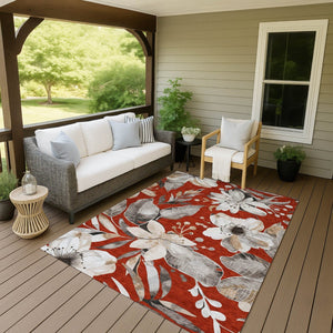 HomeRoots 8' X 10' Floral Area Rug in Red, Ivory & Charcoal - Washable, Durable for Indoor & Outdoor Spaces 640855