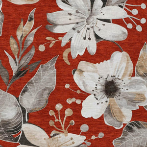 HomeRoots 9' Stylish Red, Ivory & Charcoal Floral Washable Area Rug - Durable for Indoor & Outdoor Spaces! 640856