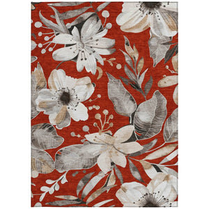 HomeRoots 9' Stylish Red, Ivory & Charcoal Floral Washable Area Rug - Durable for Indoor & Outdoor Spaces! 640856
