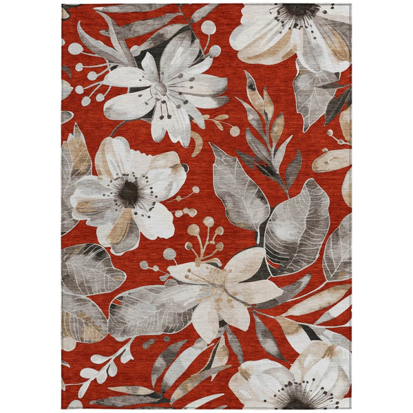 HomeRoots 9' Stylish Red, Ivory & Charcoal Floral Washable Area Rug - Durable for Indoor & Outdoor Spaces! 640856