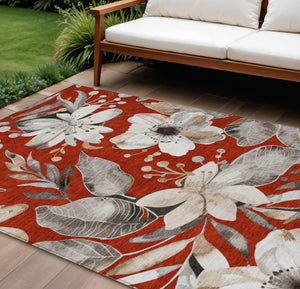 HomeRoots 9' Stylish Red, Ivory & Charcoal Floral Washable Area Rug - Durable for Indoor & Outdoor Spaces! 640856