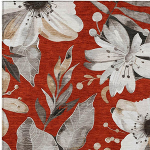 HomeRoots 9' Stylish Red, Ivory & Charcoal Floral Washable Area Rug - Durable for Indoor & Outdoor Spaces! 640856