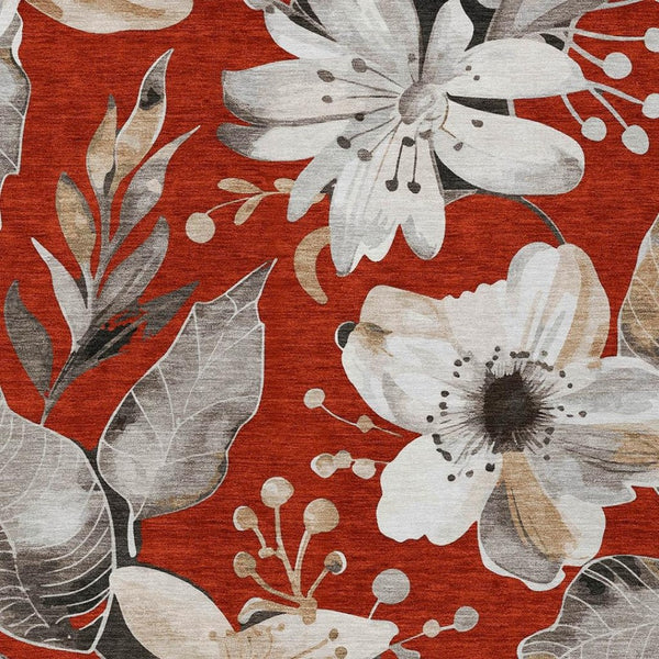 HomeRoots 10' X 14' Floral Area Rug in Red, Ivory & Charcoal - Washable, Durable for Indoor & Outdoor Use! 640857