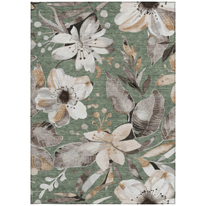 HomeRoots 5' Floral Elegance Area Rug in Sage, Ivory & Charcoal - Washable, Durable for Indoor/Outdoor Use 640859