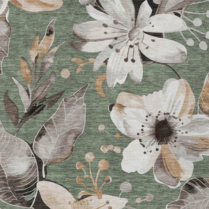 HomeRoots 5' Floral Elegance Area Rug in Sage, Ivory & Charcoal - Washable, Durable for Indoor/Outdoor Use 640859