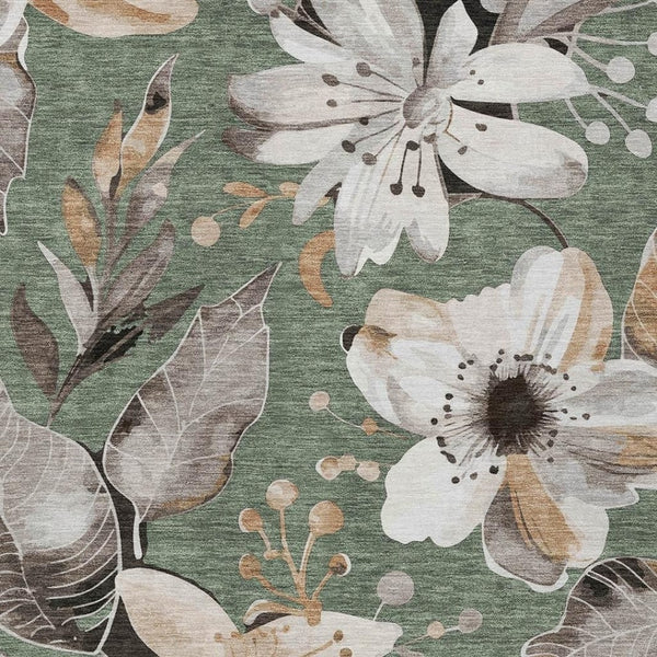 HomeRoots 5' Floral Elegance Area Rug in Sage, Ivory & Charcoal - Washable, Durable for Indoor/Outdoor Use 640859