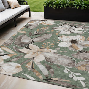 HomeRoots 5' Floral Elegance Area Rug in Sage, Ivory & Charcoal - Washable, Durable for Indoor/Outdoor Use 640859