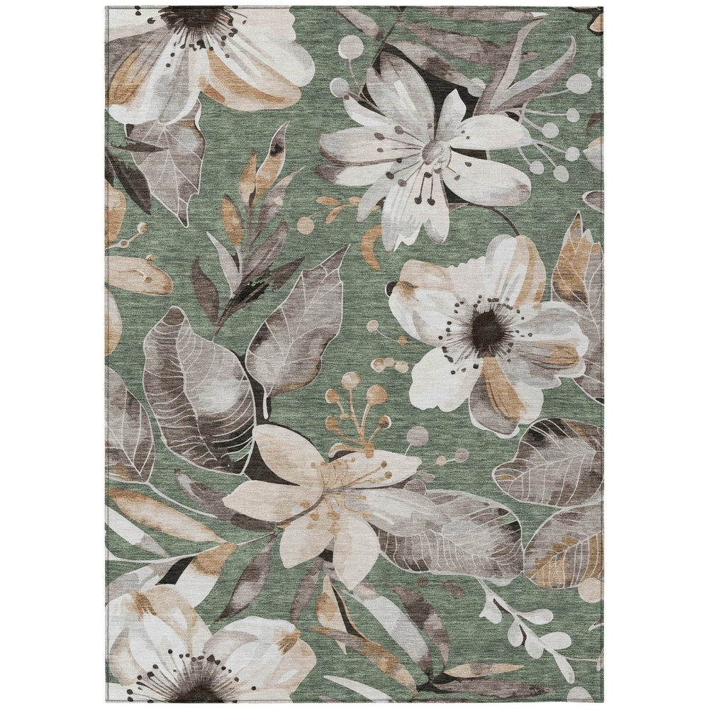 HomeRoots 5' Floral Elegance Area Rug in Sage, Ivory & Charcoal - Washable, Durable for Indoor/Outdoor Use 640859