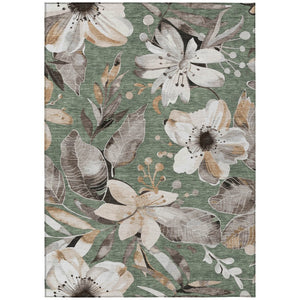 HomeRoots 5' Floral Elegance Area Rug in Sage, Ivory & Charcoal - Washable, Durable for Indoor/Outdoor Use 640859