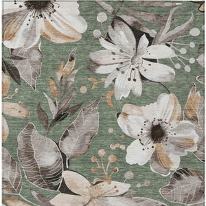HomeRoots 5' Floral Elegance Area Rug in Sage, Ivory & Charcoal - Washable, Durable for Indoor/Outdoor Use 640859