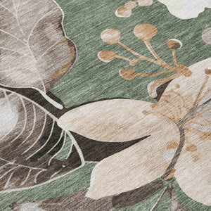HomeRoots 5' Floral Elegance Area Rug in Sage, Ivory & Charcoal - Washable, Durable for Indoor/Outdoor Use 640859