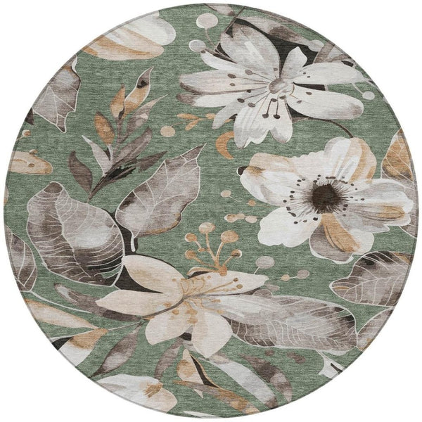 HomeRoots 8' Sage Ivory and Charcoal Round Floral Area Rug - Washable, Durable, Perfect for Indoor & Outdoor Use! 640860