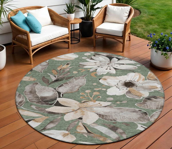 HomeRoots 8' Sage Ivory and Charcoal Round Floral Area Rug - Washable, Durable, Perfect for Indoor & Outdoor Use! 640860