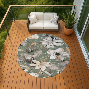 HomeRoots 8' Sage Ivory and Charcoal Round Floral Area Rug - Washable, Durable, Perfect for Indoor & Outdoor Use! 640860