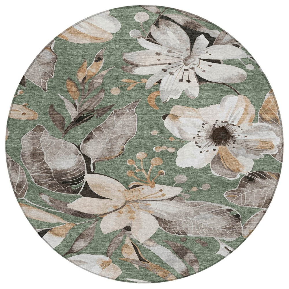 HomeRoots 8' Sage Ivory and Charcoal Round Floral Area Rug - Washable, Durable, Perfect for Indoor & Outdoor Use! 640860