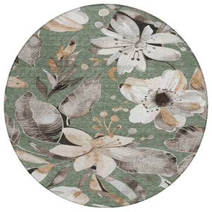 HomeRoots 8' Sage Ivory and Charcoal Round Floral Area Rug - Washable, Durable, Perfect for Indoor & Outdoor Use! 640860