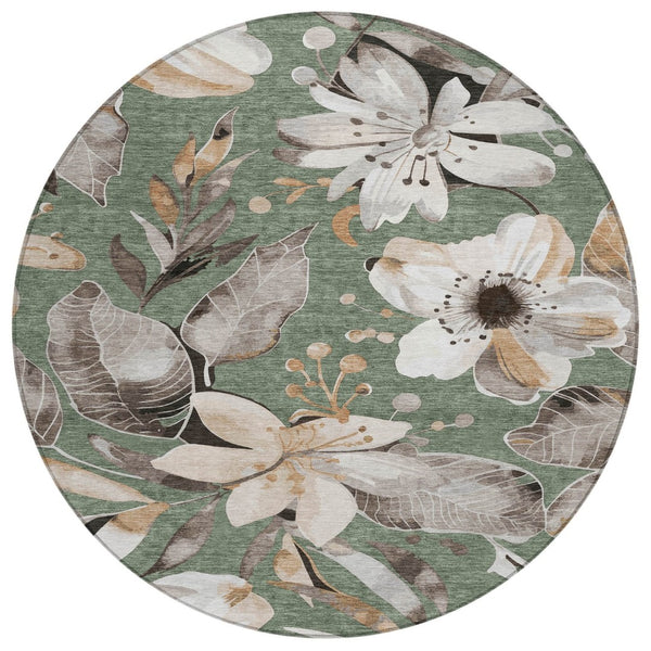 HomeRoots 8' Sage Ivory and Charcoal Round Floral Area Rug - Washable, Durable, Perfect for Indoor & Outdoor Use! 640860