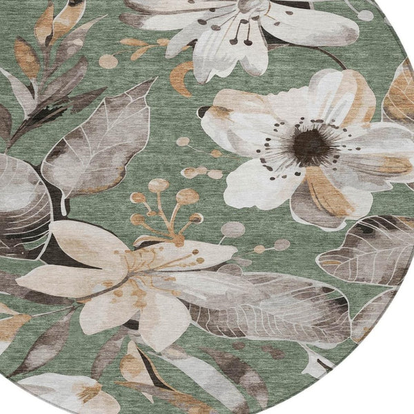 HomeRoots 8' Sage Ivory and Charcoal Round Floral Area Rug - Washable, Durable, Perfect for Indoor & Outdoor Use! 640860
