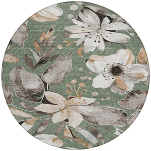 HomeRoots 8' Sage Ivory and Charcoal Round Floral Area Rug - Washable, Durable, Perfect for Indoor & Outdoor Use! 640860