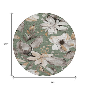 HomeRoots 8' Sage Ivory and Charcoal Round Floral Area Rug - Washable, Durable, Perfect for Indoor & Outdoor Use! 640860